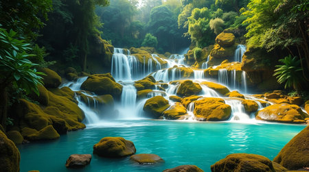 Beautiful waterfall in deep forest at Luang Prabang, Laosの写真素材