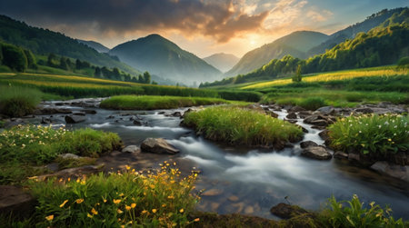 Mountain landscape with a river flowing through the valley at sunset.