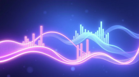 3d rendering of sound waveform background. Sound waveform with glowing particles on dark blue...
