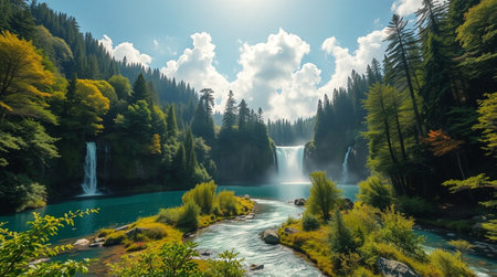 Beautiful waterfall in the forest and blue sky with white clouds.