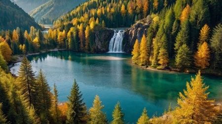 Beautiful autumn landscape of mountain lake with waterfall and colorful trees.の写真素材