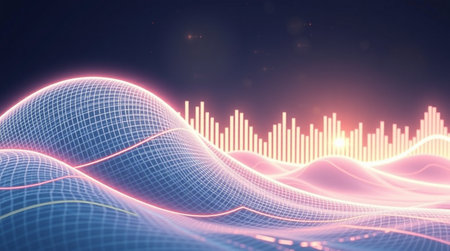 abstract 3d illustration of digital sound wave with glowing lines and particlesの写真素材