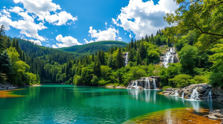 Beautiful mountain lake with clear water and green forest on background.の写真素材