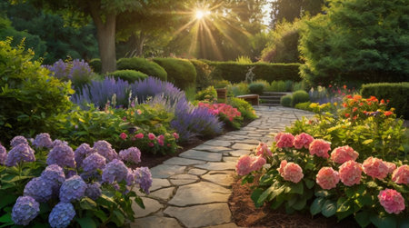 Beautiful landscaped garden with flowers and sunlight in summer evening.の写真素材