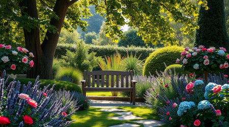 Beautiful garden with a bench and blooming flowers in the summerの写真素材