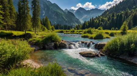 Panoramic view of a mountain riverの写真素材