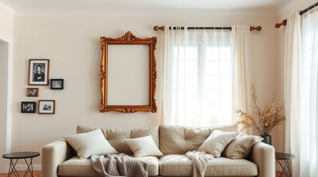 Interior of living room with brown sofa, coffee table and picture framesの写真素材