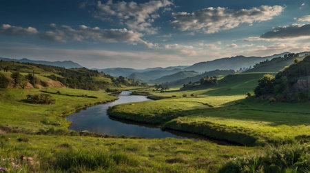 Beautiful panoramic view of the meadow and the riverの写真素材