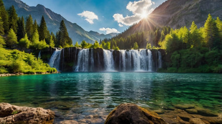 Beautiful waterfall in the mountains. Summer landscape. Panorama.の写真素材