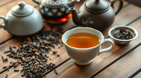 Cup of tea and teapot on wooden table, closeupの写真素材