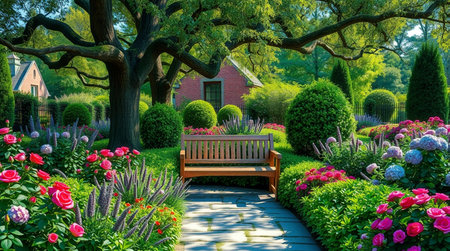 Beautiful spring garden with blooming colorful flowers and wooden bench.の写真素材