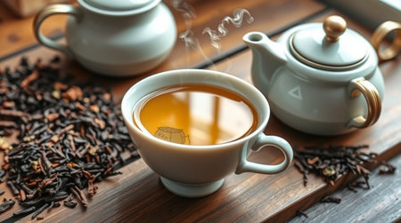 Cup of tea with teapot on wooden table, closeupの写真素材