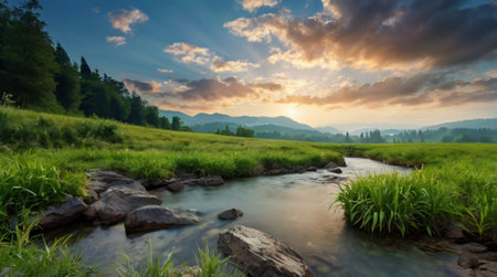 Panoramic view of a mountain river at sunset. Beautiful summer landscape.の写真素材