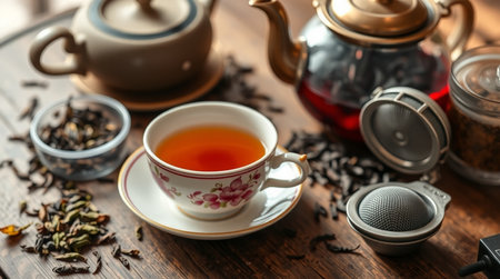 Cup of tea with teapot on wooden table, closeup