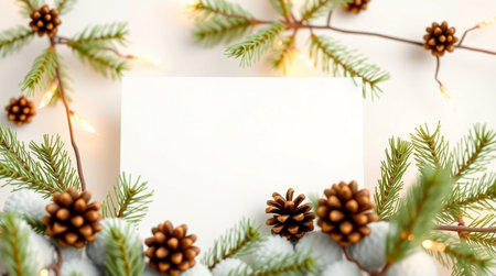 Christmas greeting card mockup with fir branches, pine cones and garland lights on white backgroundの写真素材