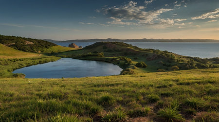 Panoramic view of a beautiful lake on the island of Sardiniaの写真素材