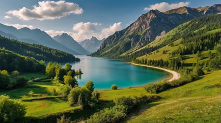 panoramic view of alpine lake in Alps.の写真素材