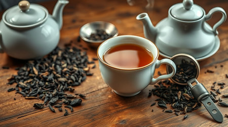 Teapot and cup of black tea on a wooden table.の写真素材