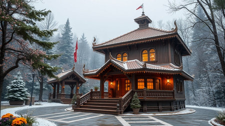Beautiful wooden house in the winter forest. Wooden house in the mountains.の写真素材
