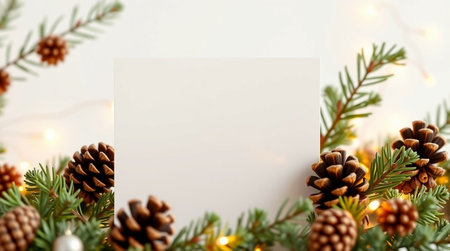 Christmas greeting card mockup with fir branches, pine cones and garland lights on white backgroundの写真素材