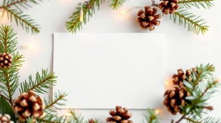 Christmas greeting card mockup with fir branches, pine cones and garland lights on white backgroundの写真素材