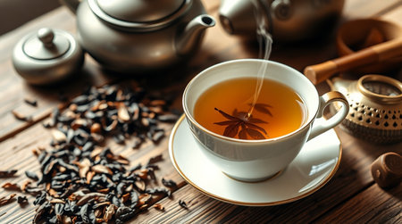 Cup of tea with dry tea leaves on wooden table, closeupの写真素材