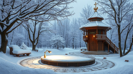 Wooden gazebo in the park in winter, Moscow, Russiaの写真素材