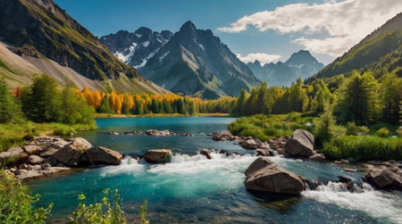 Panoramic view of the mountain river in the Altai mountains.の写真素材