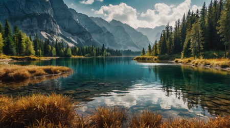 Lago di Braies lake in Dolomites mountains, Italy.の写真素材