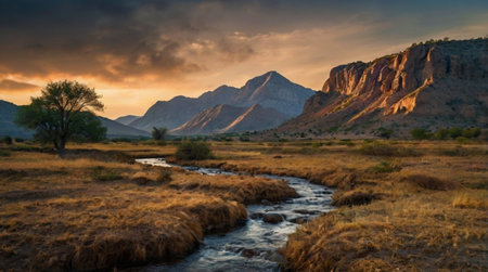 A panoramic shot of a river flowing through the mountains at sunset