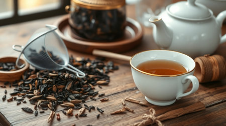 Cup of tea and teapot on wooden table, closeupの写真素材