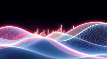 abstract 3d illustration of sound wave with blue and red lightsの写真素材