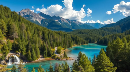 Beautiful view of turquoise lake and mountains in the backgroundの写真素材