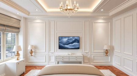 3d rendering luxury classic bedroom suite in hotel with tv on wall