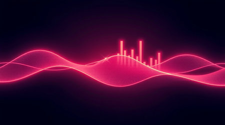 abstract 3d rendering of sound wave with red glow on dark backgroundの写真素材