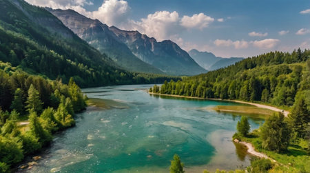 Panoramic view of the turquoise lake