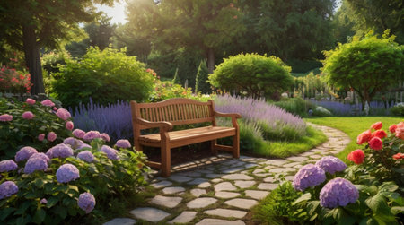 Wooden bench in the garden with purple hydrangea flowers