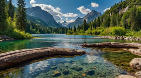 Mountain lake with clear water, reflection of mountains and clouds in water