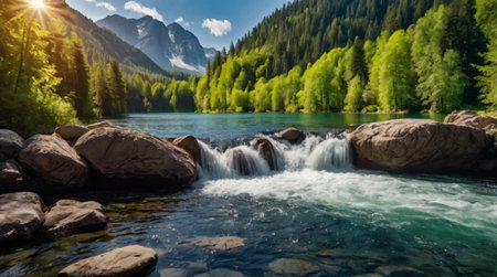 Beautiful mountain lake with clear water and high mountains in the backgroundの写真素材