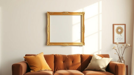 interior with brown sofa and picture frame, 3d render illustration