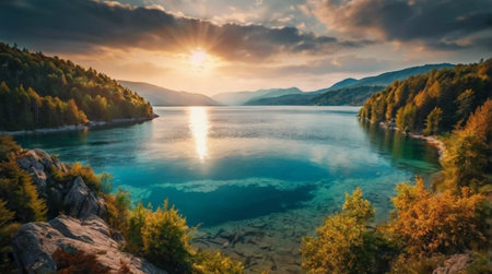Panoramic view of the lake and mountains at sunset. Beautiful summer landscape.の写真素材
