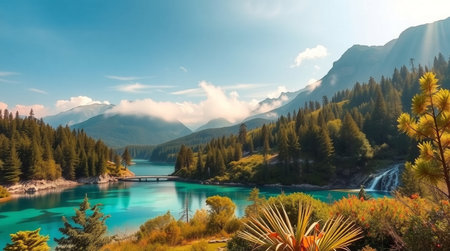 Panoramic view of turquoise alpine lake in New Zealandの写真素材