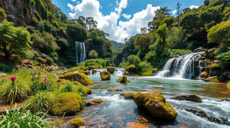 Tropical waterfall in the rainforest of Sao Miguel island, Azoresの写真素材