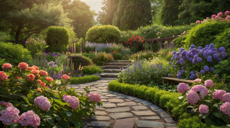 Beautiful flower garden in the morning. Landscape design concept.の写真素材