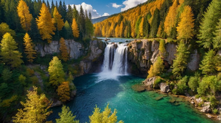 Aerial view of the waterfall in the autumn forest. Beautiful nature landscape.の写真素材