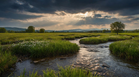 Panorama of a small river in the Altai Mountains, Russiaの写真素材