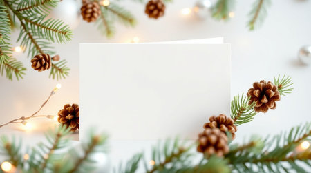 Christmas greeting card mockup with fir tree branches and garland lights on white backgroundの写真素材