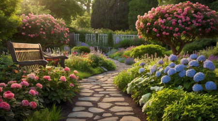Beautiful spring garden with blooming hydrangeas and bench