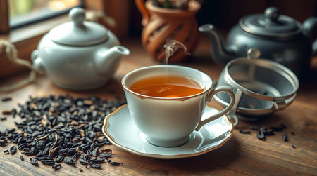 Cup of tea and teapot on wooden table, closeup