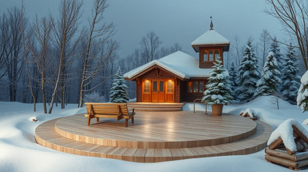 3d render of a wooden house in winter forest with benches and treesの写真素材